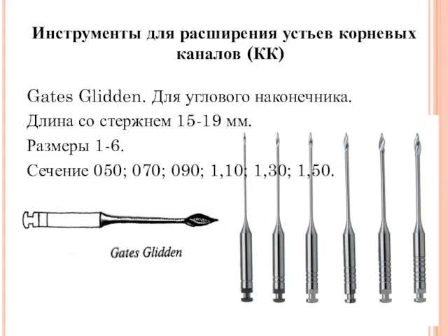 Инструменты для расширения устьев корневых каналов (КК) Gates Glidden. Для