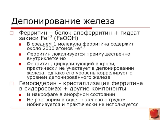 Депонирование железа Ферритин – белок апоферритин + гидрат закиси Fe+3