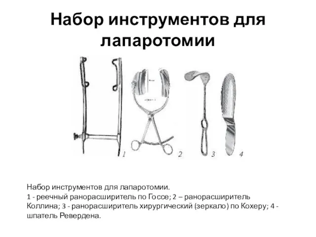 Набор инструментов для лапаротомии Набор инструментов для лапаротомии. 1 -