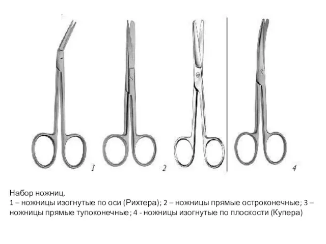 Набор ножниц. 1 – ножницы изогнутые по оси (Рихтера); 2