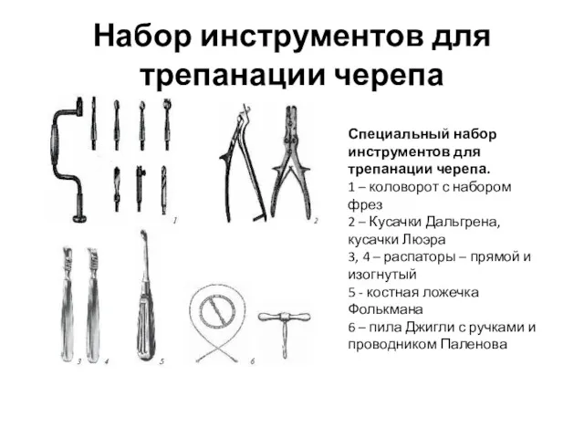 Набор инструментов для трепанации черепа Специальный набор инструментов для трепанации