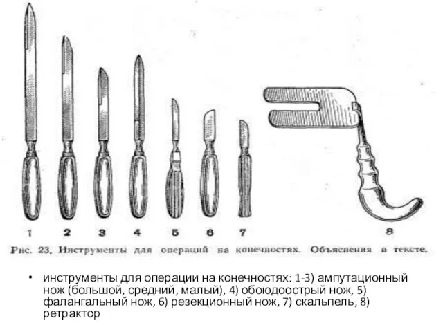 инструменты для операции на конечностях: 1-3) ампутационный нож (большой, средний,