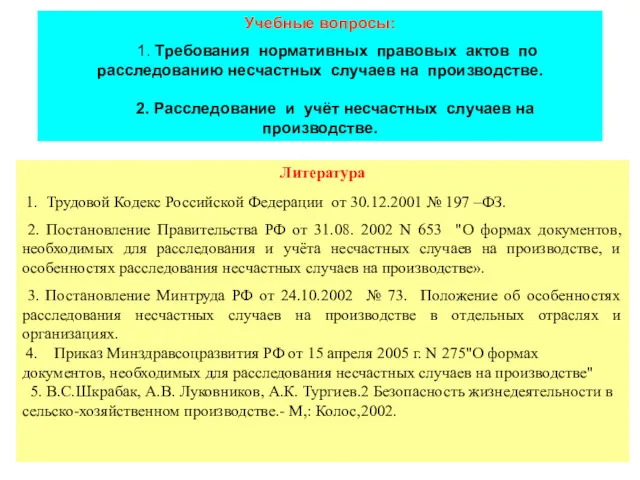 Учебные вопросы: 1. Требования нормативных правовых актов по расследованию несчастных