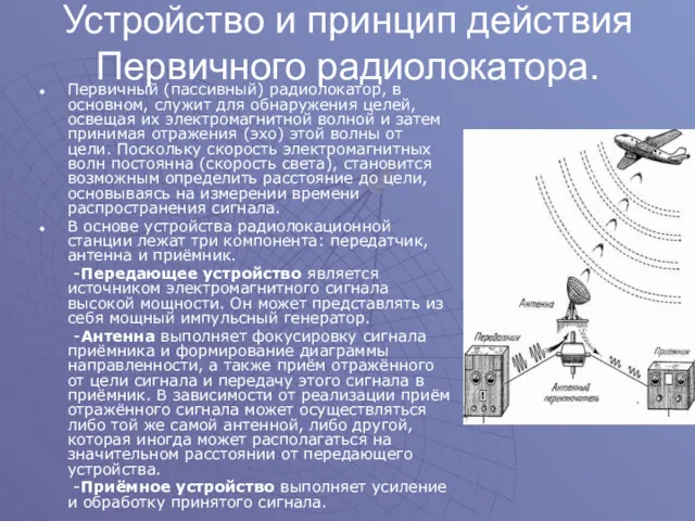 Устройство и принцип действия Первичного радиолокатора. Первичный (пассивный) радиолокатор, в основном, служит для