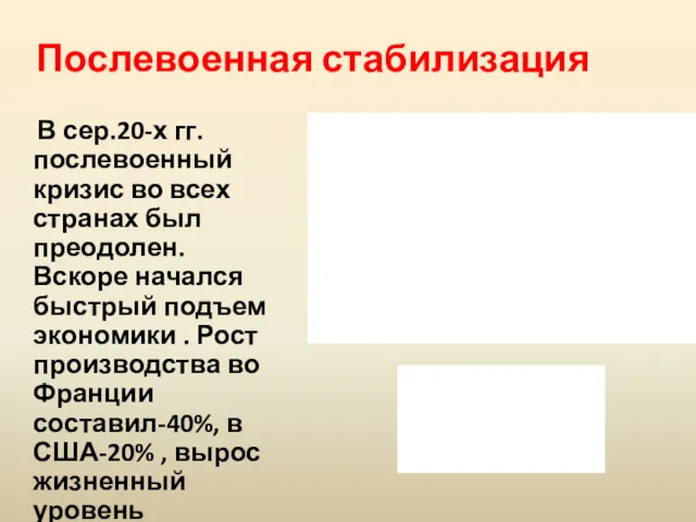 Послевоенная стабилизация В сер.20-х гг. послевоенный кризис во всех странах