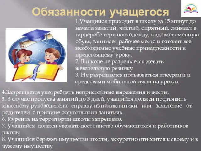 Обязанности учащегося 1.Учащийся приходит в школу за 15 минут до