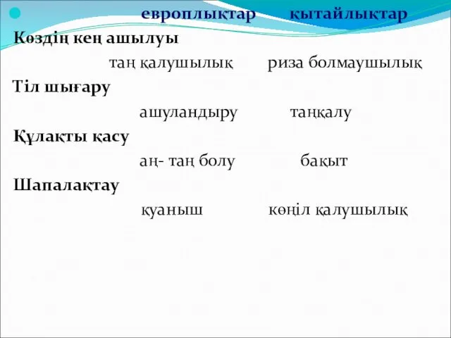 европлықтар қытайлықтар Көздің кең ашылуы таң қалушылық риза болмаушылық Тіл