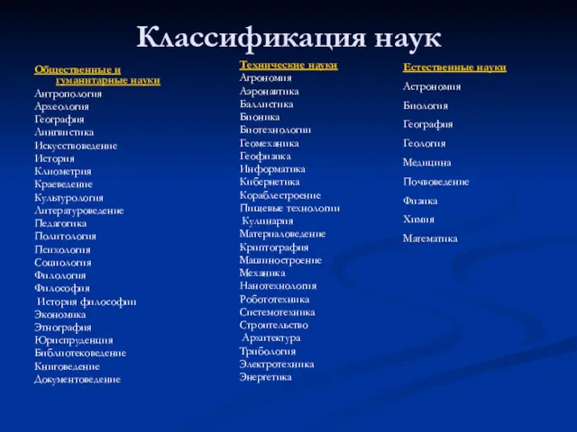 Классификация наук Общественные и гуманитарные науки Антропология Археология География Лингвистика