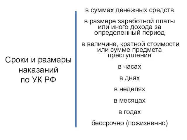 Сроки и размеры наказаний по УК РФ в суммах денежных