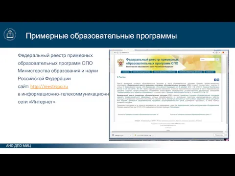 Примерные образовательные программы Федеральный реестр примерных образовательных программ СПО Министерства