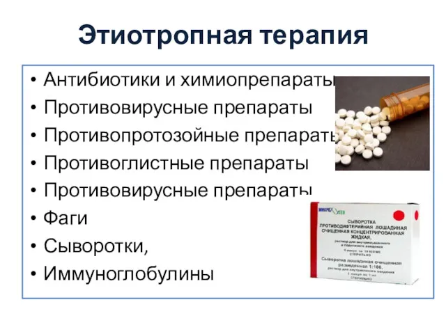 Этиотропная терапия Антибиотики и химиопрепараты Противовирусные препараты Противопротозойные препараты Противоглистные препараты Противовирусные препараты Фаги Сыворотки, Иммуноглобулины
