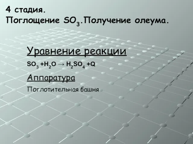 4 стадия. Поглощение SO3.Получение олеума. Уравнение реакции SO3 +H2O → H2SO4 +Q Аппаратура Поглотительная башня