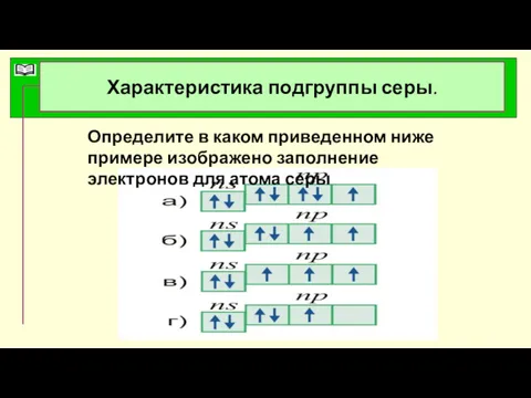 Характеристика подгруппы серы. Определите в каком приведенном ниже примере изображено заполнение электронов для атома серы