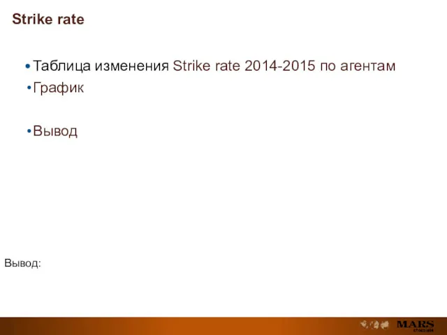 Strike rate Вывод: Таблица изменения Strike rate 2014-2015 по агентам График Вывод