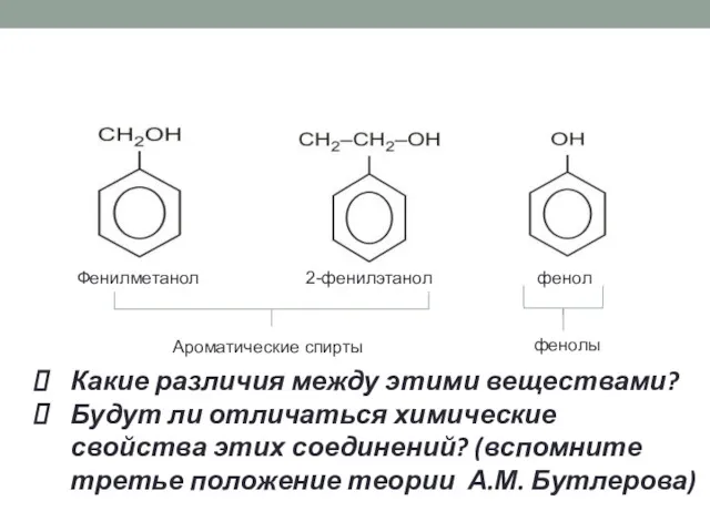 Фенилметанол 2-фенилэтанол фенол Какие различия между этими веществами? Будут ли