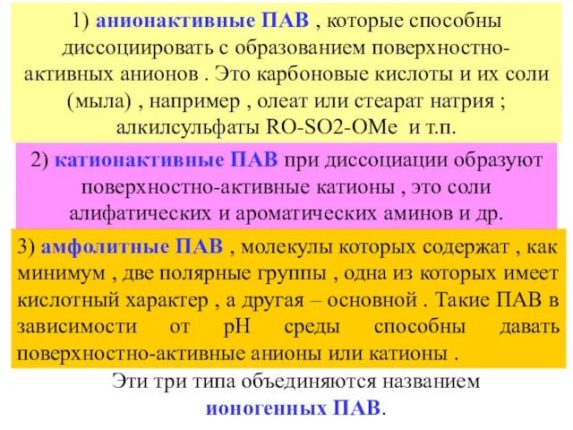 1) анионактивные ПАВ , которые способны диссоциировать с образованием поверхностно-активных