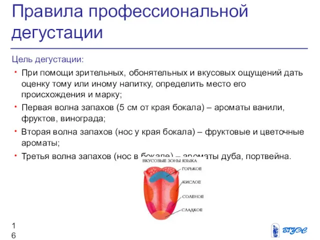 Правила профессиональной дегустации Цель дегустации: При помощи зрительных, обонятельных и