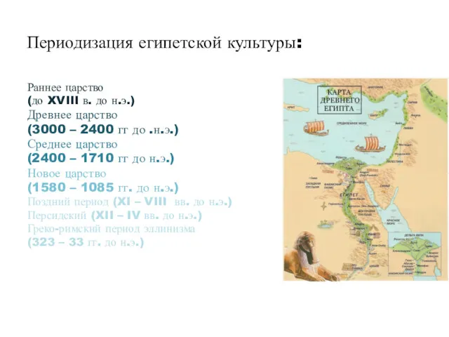 Периодизация египетской культуры: Раннее царство (до XVIII в. до н.э.) Древнее царство (3000
