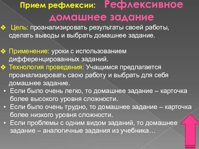 Прием рефлексии: Рефлексивное домашнее задание Цель: проанализировать результаты своей работы,