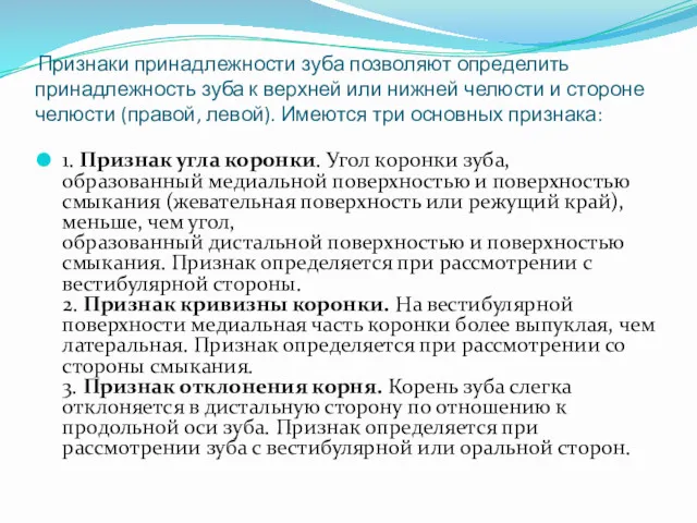 Признаки принадлежности зуба позволяют определить принадлежность зуба к верхней или