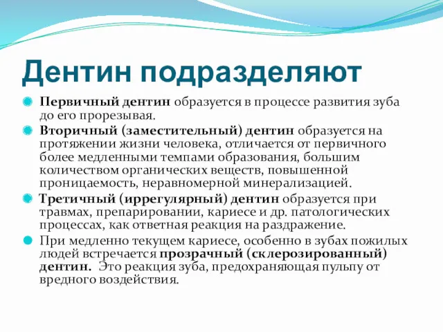 Дентин подразделяют Первичный дентин образуется в процессе развития зуба до