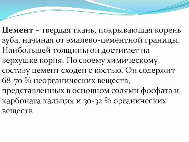 Цемент – твердая ткань, покрывающая корень зуба, начиная от эмалево-цементной