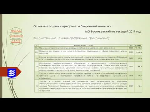 Основные задачи и приоритеты бюджетной политики МО Васильевский на текущий 2019 год Ведомственные