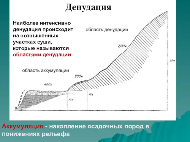 Аккумуляция - накопление осадочных пород в понижениях рельефа Наиболее интенсивно