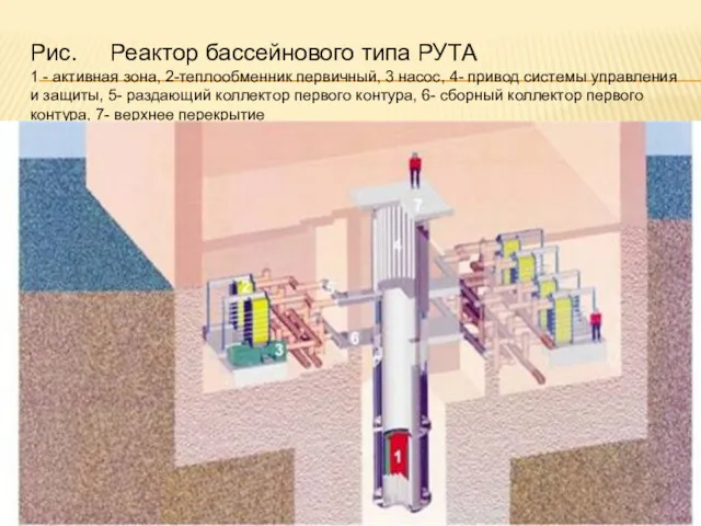 Рис. Реактор бассейнового типа РУТА 1 - активная зона, 2-теплообменник