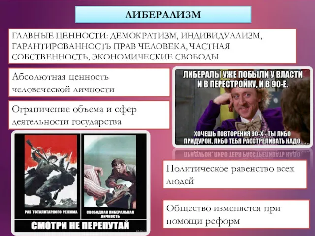 ЛИБЕРАЛИЗМ ГЛАВНЫЕ ЦЕННОСТИ: ДЕМОКРАТИЗМ, ИНДИВИДУАЛИЗМ, ГАРАНТИРОВАННОСТЬ ПРАВ ЧЕЛОВЕКА, ЧАСТНАЯ СОБСТВЕННОСТЬ,