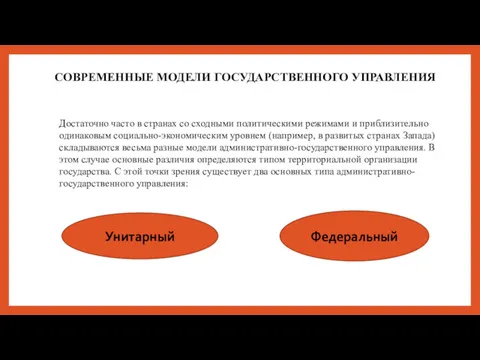 СОВРЕМЕННЫЕ МОДЕЛИ ГОСУДАРСТВЕННОГО УПРАВЛЕНИЯ Достаточно часто в странах со сходными