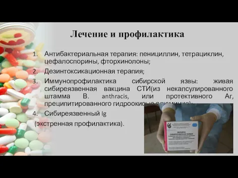 Лечение и профилактика Антибактериальная терапия: пенициллин, тетрациклин, цефалоспорины, фторхинолоны; Дезинтоксикационная терапия; Иммунопрофилактика сибирской