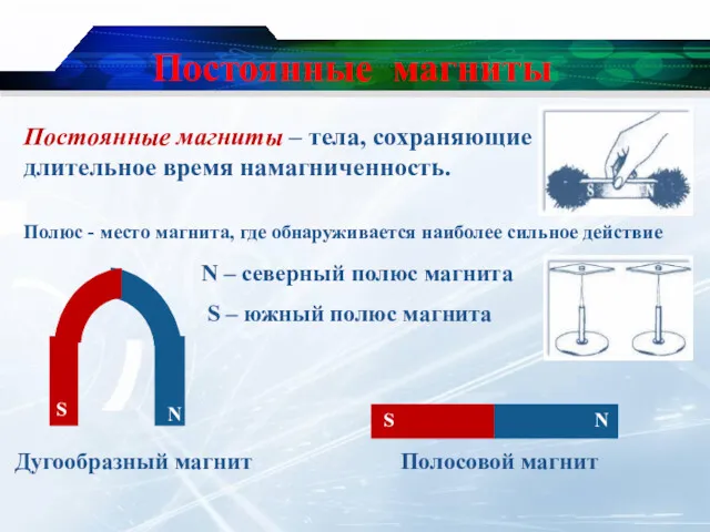 Постоянные магниты N – северный полюс магнита S – южный