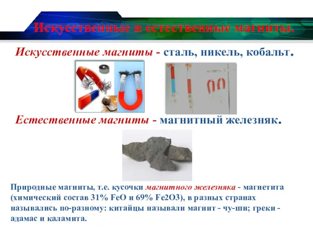 Искусственные и естественные магниты. Искусственные магниты - сталь, никель, кобальт.