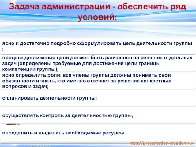 Задача администрации - обеспечить ряд условий: