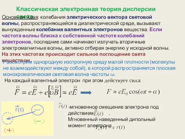 Классическая электронная теория дисперсии света. Основная идея: колебания электрического вектора