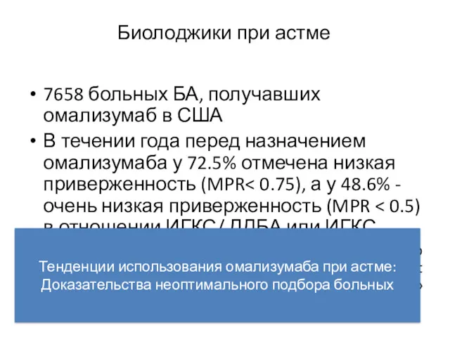 Биолоджики при астме 7658 больных БА, получавших омализумаб в США