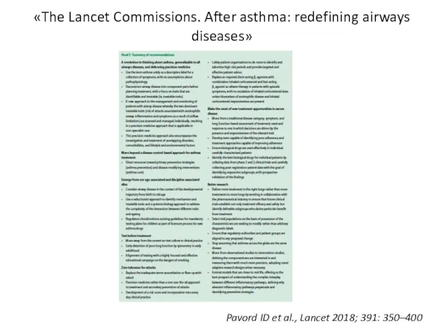 «The Lancet Commissions. After asthma: redefining airways diseases» Pavord ID et al., Lancet 2018; 391: 350–400
