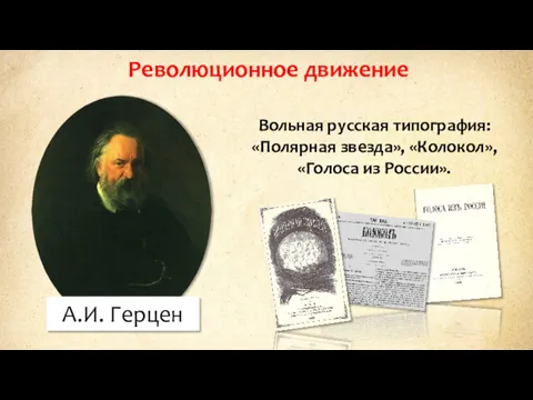 Революционное движение А.И. Герцен Вольная русская типография: «Полярная звезда», «Колокол», «Голоса из России».