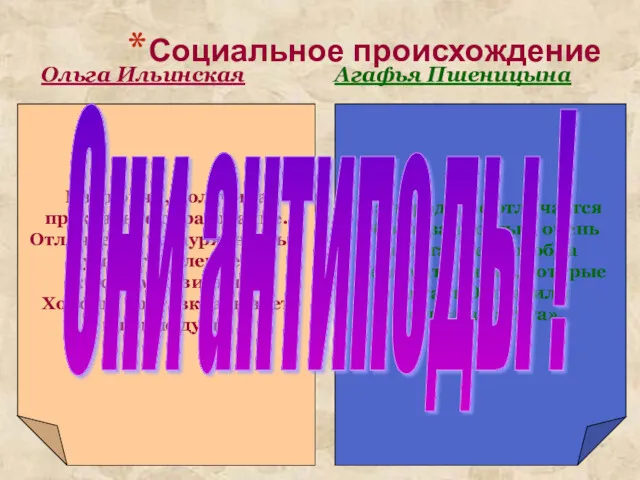 Социальное происхождение Ольга Ильинская Агафья Пшеницына Из народа, не отличается