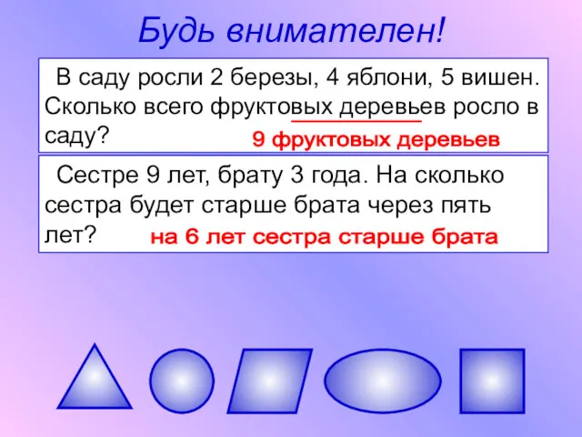 Будь внимателен! В саду росли 2 березы, 4 яблони, 5