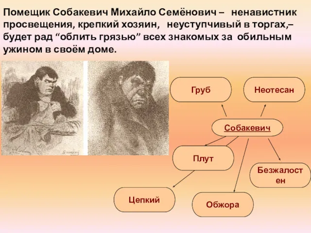 Помещик Собакевич Михайло Семёнович – ненавистник просвещения, крепкий хозяин, неуступчивый