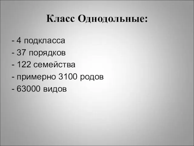 Класс Однодольные: - 4 подкласса - 37 порядков - 122