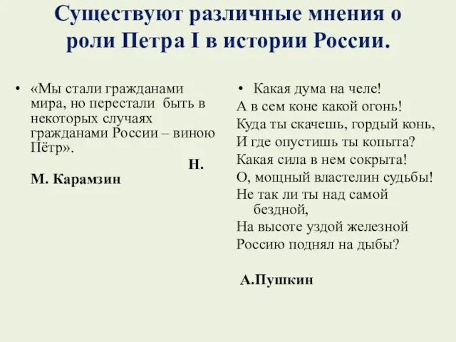 Существуют различные мнения о роли Петра I в истории России.