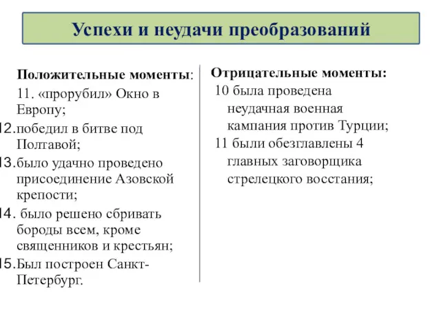 Положительные моменты: 11. «прорубил» Окно в Европу; победил в битве