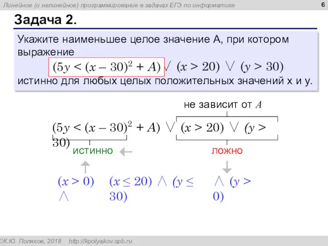 Задача 2. Укажите наименьшее целое значение А, при котором выражение