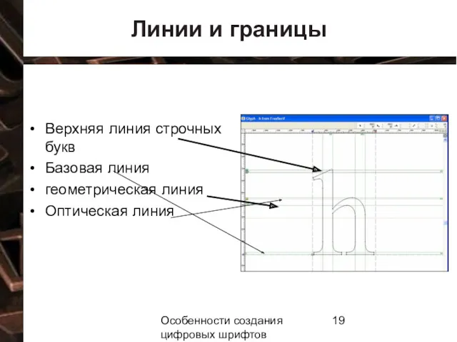 Особенности создания цифровых шрифтов Линии и границы Верхняя линия строчных букв Базовая линия