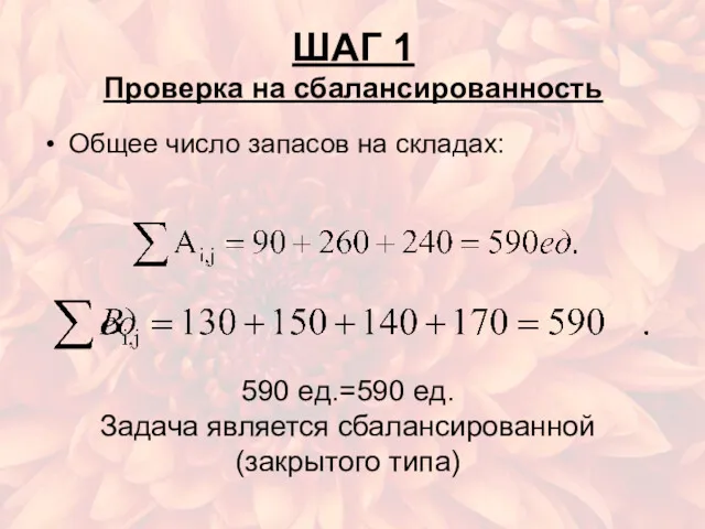 ШАГ 1 Проверка на сбалансированность Общее число запасов на складах: