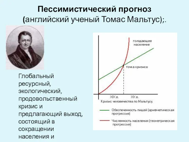 Пессимистический прогноз (английский ученый Томас Мальтус);. Глобальный ресурсный, экологический, продовольственный