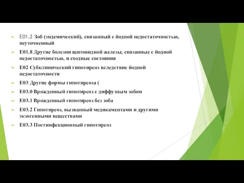 Е01.2 Зоб (эндемический), связанный с йодной недостаточностью, неуточненный Е01.8 Другие